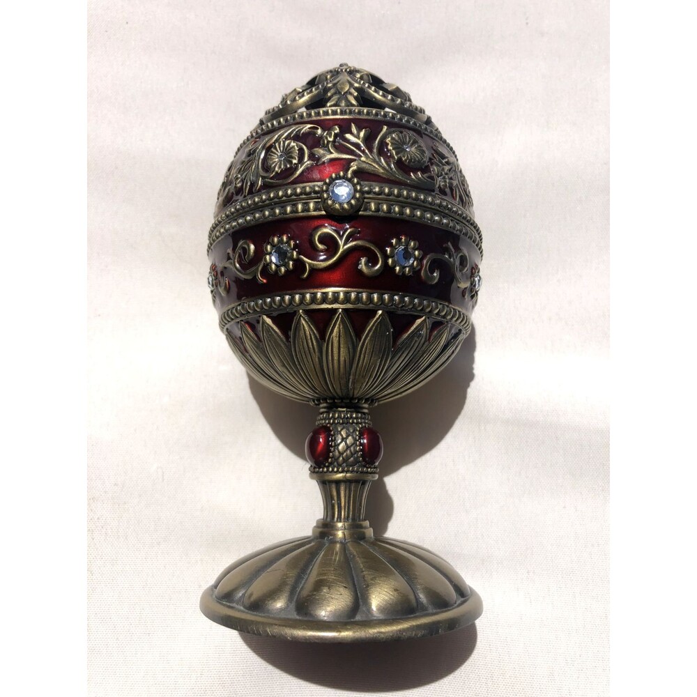Vintage Rue Moliere Red & Gold Jewel Egg Music Box with Red Bird - Tested